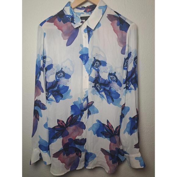 Banana Republic Women's Shirt L White/Blue Floral Water Color Sheer Long Sleeve - Picture 3 of 7